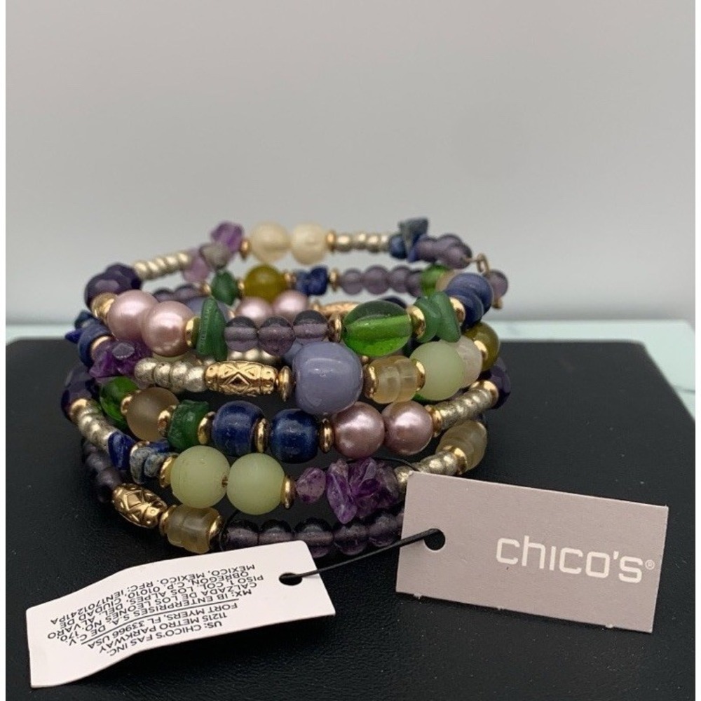NWT Chico's Memory Wire Coil Wrap Gold Tone Purple & Green Beaded Bracelet